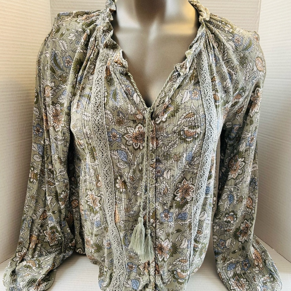 Boho Cottagecore Wallflower Floral Lace-Trim Blouse - Olive